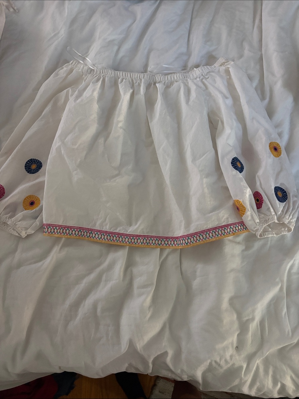 Madewell White Off-Shoulder Mini Skirt with Blue, Pink, and Yellow Embroidery